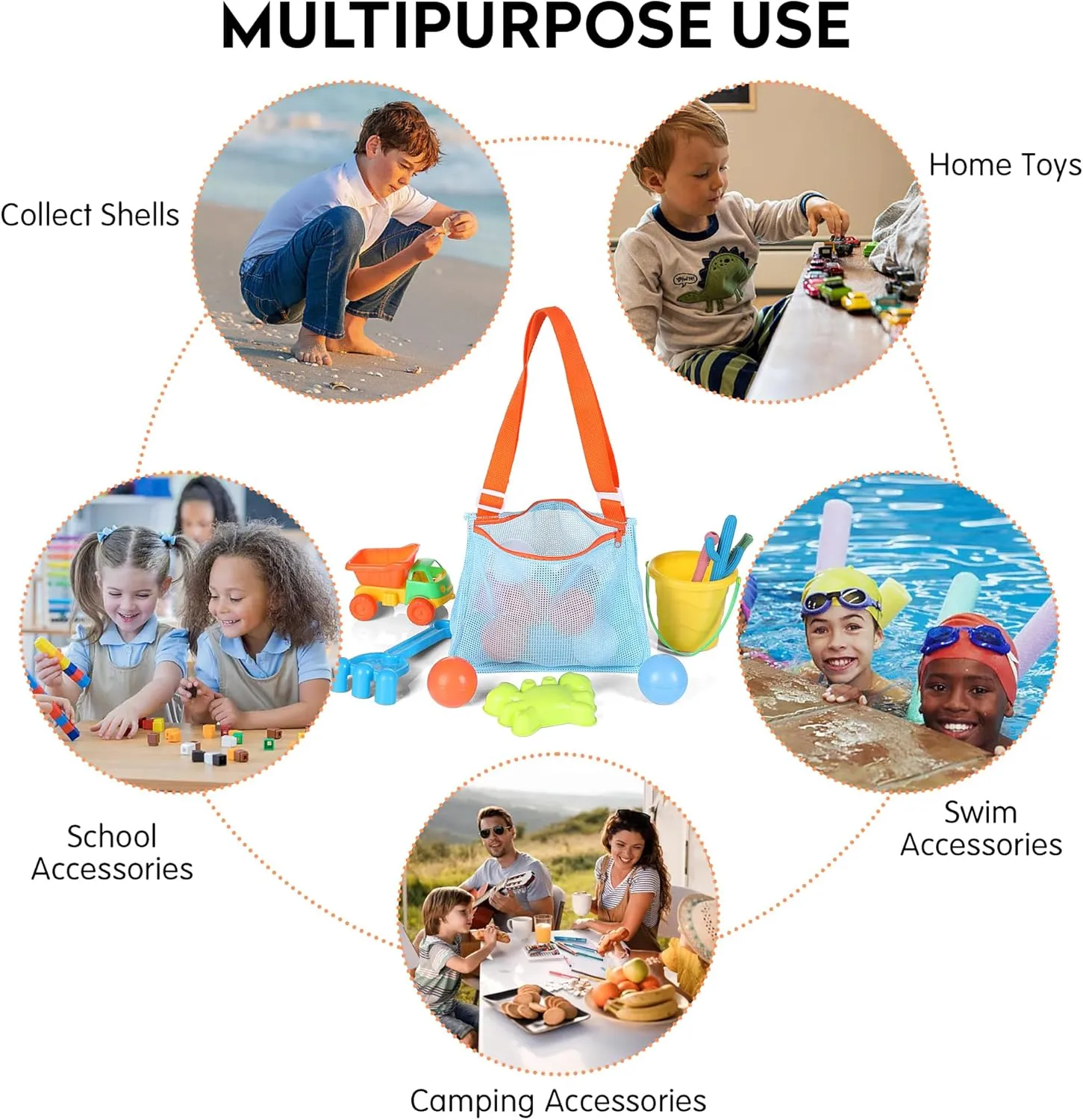 VOROLO 3PCS Mesh Beach Bag for Holding Toys,Sand Towels Tote for Kids Seashell Collecting,Shell Bags for Children Picnic,Swimming Accessories for Boys and Girls