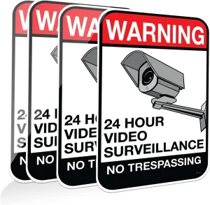 VSE | No Trespassing Video Surveillance | 18x12 Inch Aluminum Sign | Includes 43 inch Tall Super Stake With Hardware | Black/Red on White (2 pack)