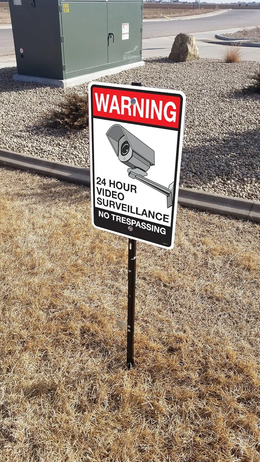 VSE | No Trespassing Video Surveillance | 18x12 Inch Aluminum Sign | Includes 43 inch Tall Super Stake With Hardware | Black/Red on White (2 pack)