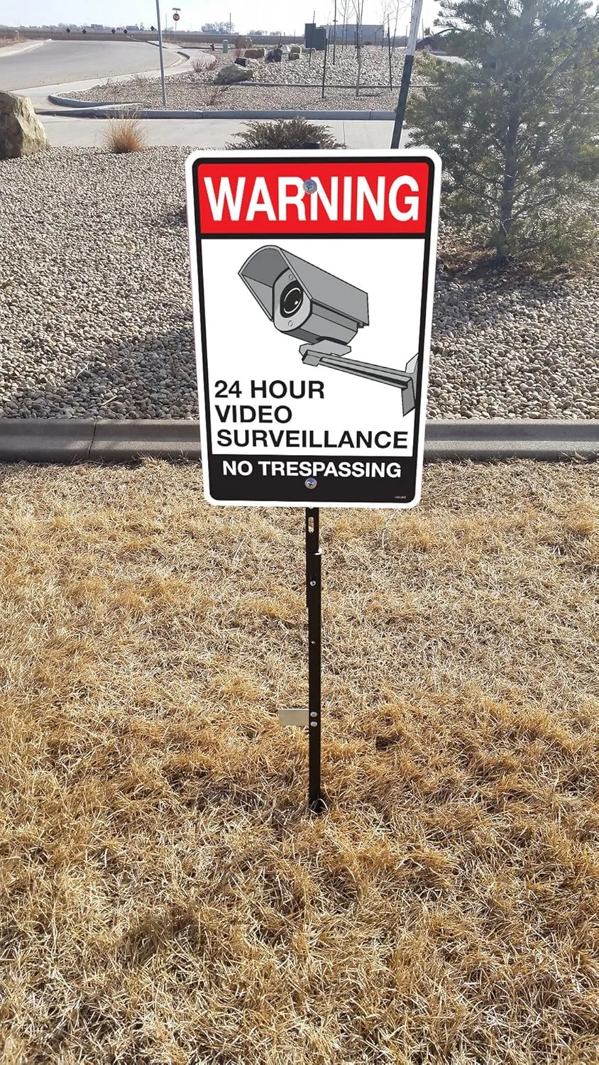 VSE | No Trespassing Video Surveillance | 18x12 Inch Aluminum Sign | Includes 43 inch Tall Super Stake With Hardware | Black/Red on White (2 pack)