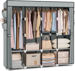 VTRIN Portable Closet for Hanging Clothes 67 Inch Wide Large Capacity Portable Wardrobe Closet with Cover, 4 Storage Shelves and 4 Hanging Rod Sturdy Free Standing Closet for Bedroom, Grey