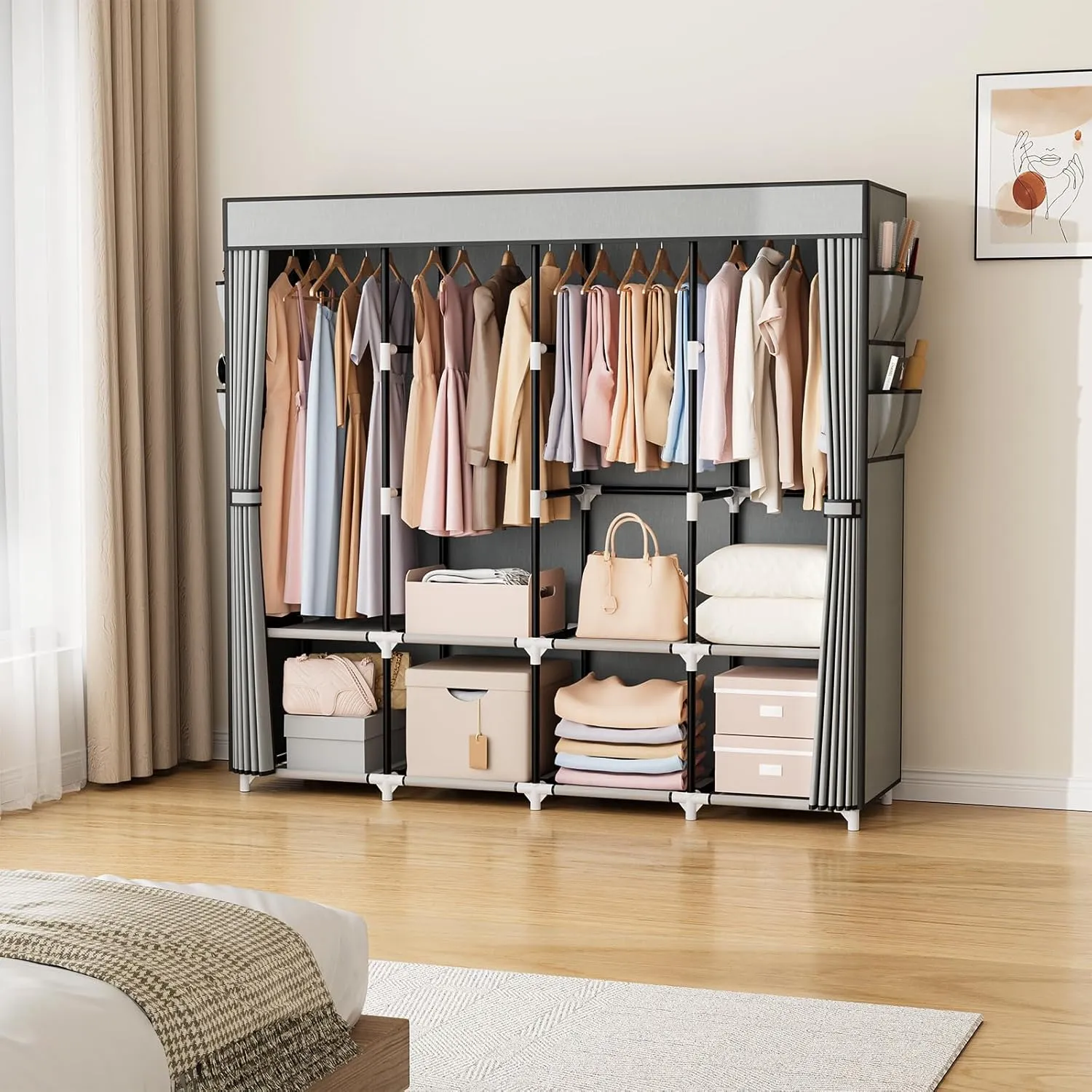 VTRIN Portable Closet for Hanging Clothes 67 Inch Wide Large Capacity Portable Wardrobe Closet with Cover, 4 Storage Shelves and 4 Hanging Rod Sturdy Free Standing Closet for Bedroom, Grey