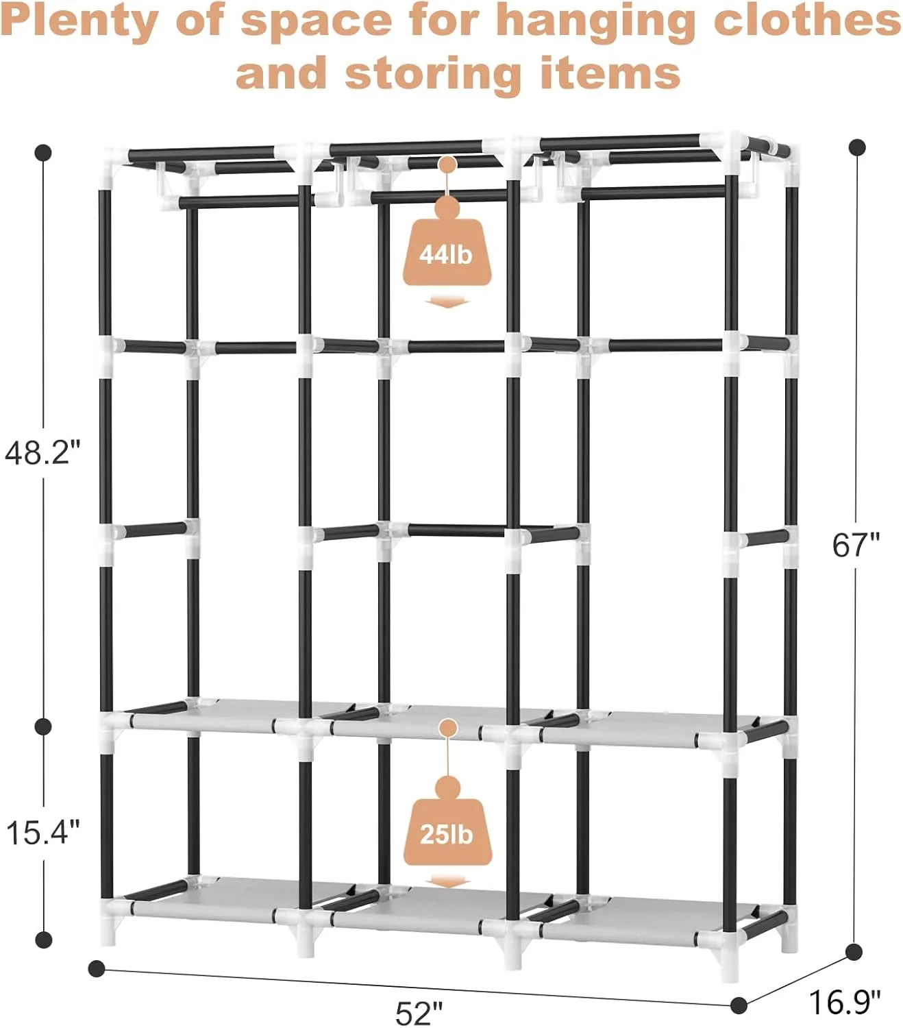 VTRIN Portable Closet Wardrobe for Hanging Clothes Closet with Cover, 3 Hanging rods, 6 Storage Shelves and Side Pocket, Diameter 19mm Metal Pipe, Sturdy Free Standing Closet for Bedroom