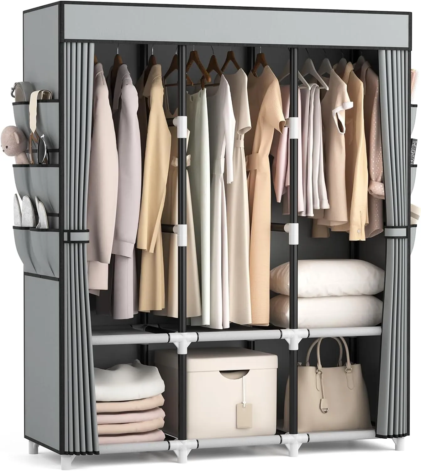 VTRIN Portable Closet Wardrobe for Hanging Clothes Closet with Cover, 3 Hanging rods, 6 Storage Shelves and Side Pocket, Diameter 19mm Metal Pipe, Sturdy Free Standing Closet for Bedroom