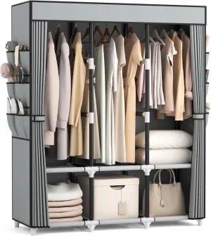VTRIN Portable Closet Wardrobe for Hanging Clothes Closet with Cover, 3 Hanging rods, 6 Storage Shelves and Side Pocket, Diameter 19mm Metal Pipe, Sturdy Free Standing Closet for Bedroom