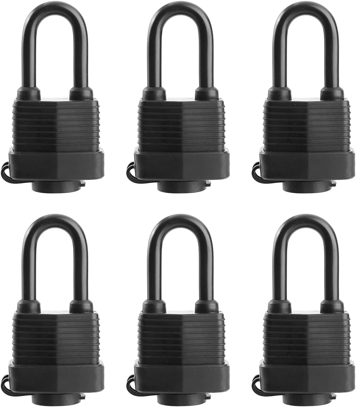 Waterproof Padlocks Keyed Alike for Outdoor use, Covered Heavy Duty Laminated Steel Lock, 1-9/16 Inch. Wide, Long Padlock, Pack of 6
