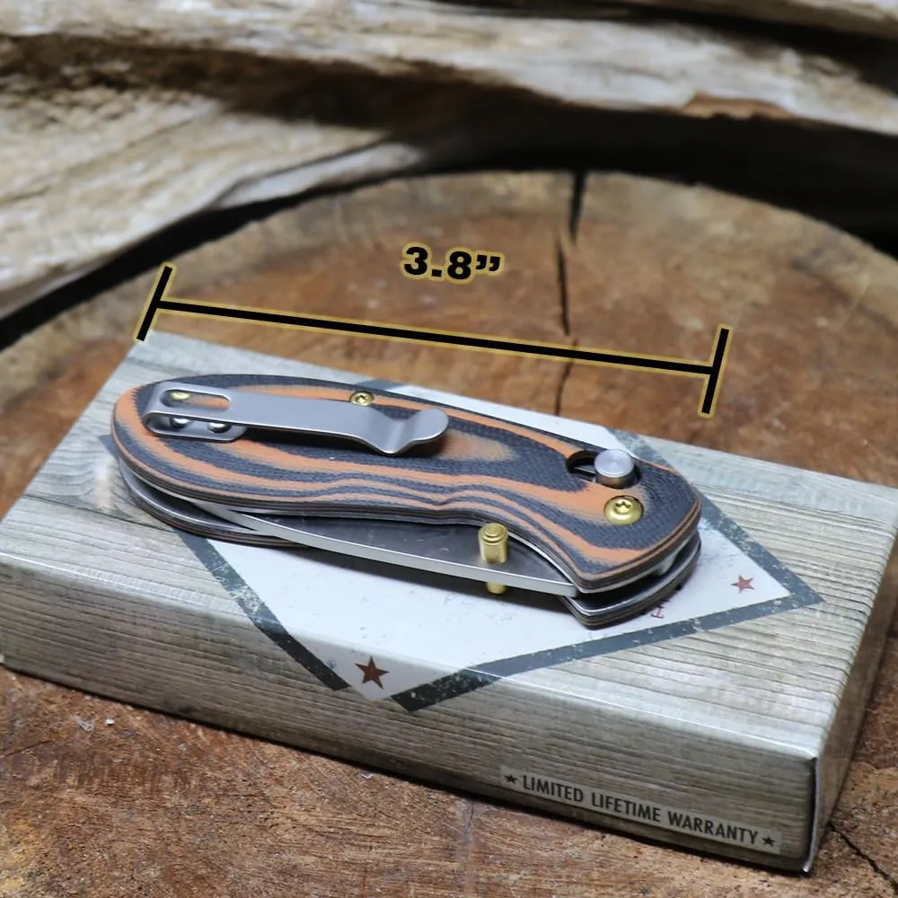 WHISKEY BENT HAT CO. Catch Pin Lock Sheepsfoot Blade Folding Pocket Knife w/Clip Thumbstud Opening 440C Stainless Steel Blade (Chaps - Serrated, 3.8" - Closed Length)
