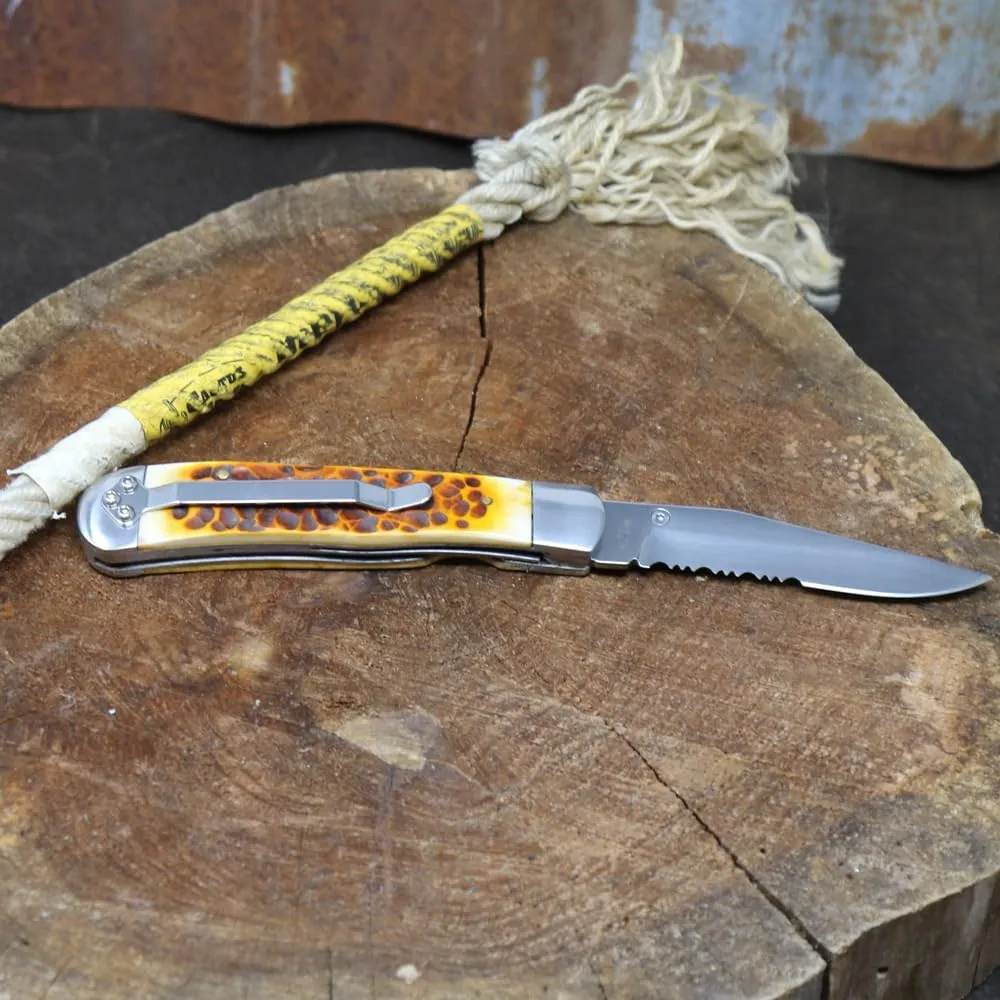 WHISKEY BENT HAT CO. Locking Trapper Folding Pocket Knife 4.125" Closed Length 440C Stainless Steel Blades (Legacy - Serrated)