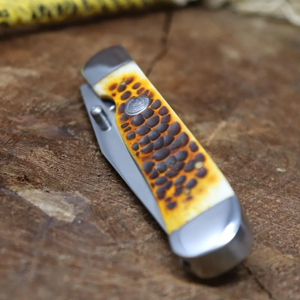 WHISKEY BENT HAT CO. Locking Trapper Folding Pocket Knife 4.125" Closed Length 440C Stainless Steel Blades (Legacy - Serrated)