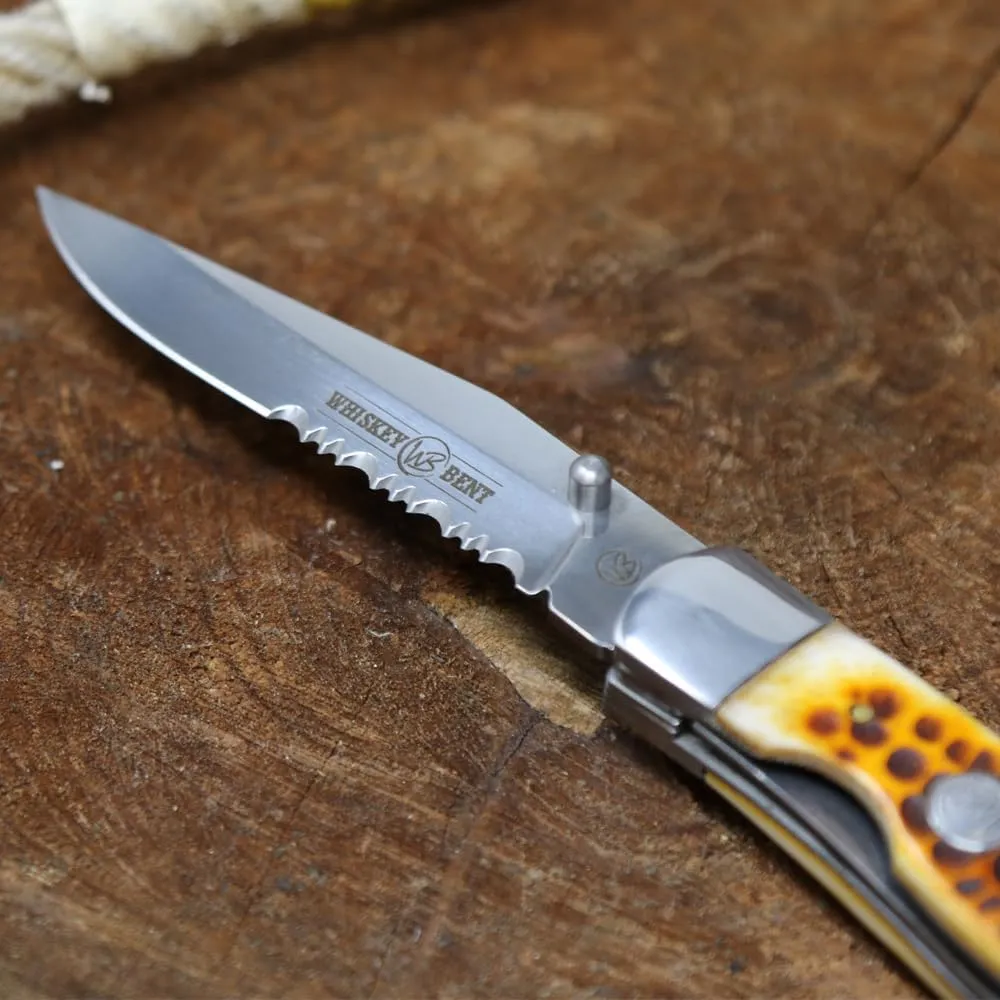 WHISKEY BENT HAT CO. Locking Trapper Folding Pocket Knife 4.125" Closed Length 440C Stainless Steel Blades (Legacy - Serrated)