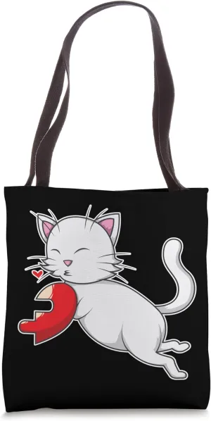 white Cat with half Heart Tote Bag