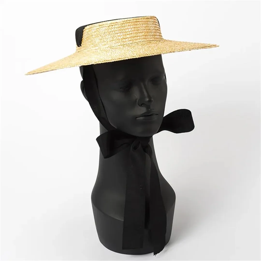 Wide Brim Flat Hat 10Cm 15Cm Brim Straw Hat Flat Top Women's Summer Hat Black Ribbon Sun Hat Beach Hat