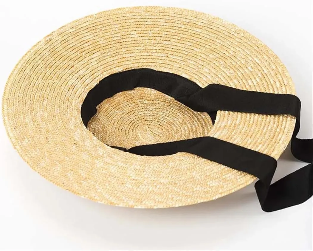 Wide Brim Flat Hat 10Cm 15Cm Brim Straw Hat Flat Top Women's Summer Hat Black Ribbon Sun Hat Beach Hat