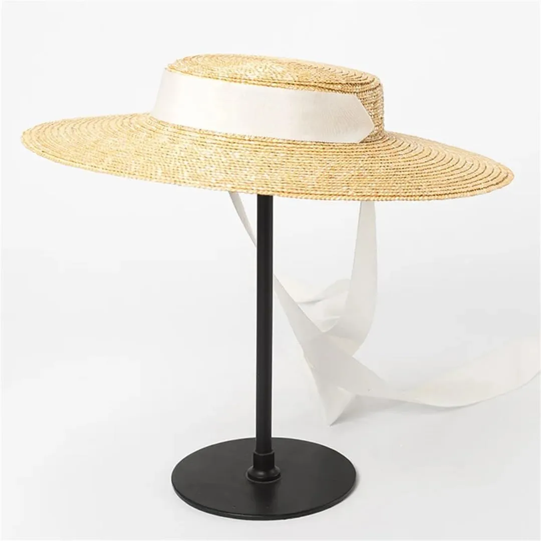 Wide Brim Flat Hat 10Cm 15Cm Brim Straw Hat Flat Top Women's Summer Hat Black Ribbon Sun Hat Beach Hat