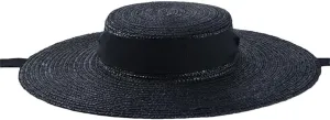 Wide Brim Flat Hat 10Cm 15Cm Brim Straw Hat Flat Top Women's Summer Hat Black Ribbon Sun Hat Beach Hat