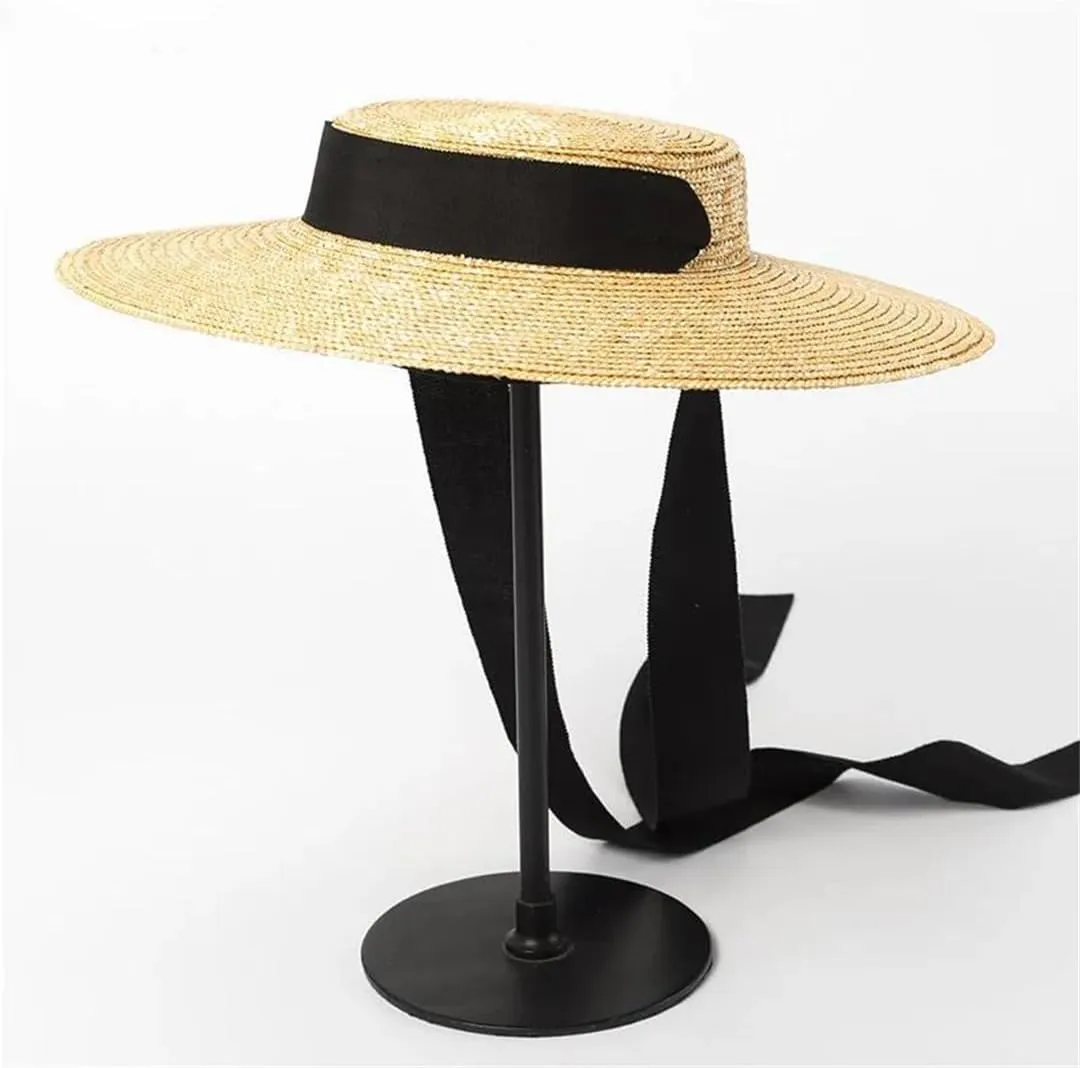 Wide Brim Flat Hat 10Cm 15Cm Brim Straw Hat Flat Top Women's Summer Hat Black Ribbon Sun Hat Beach Hat
