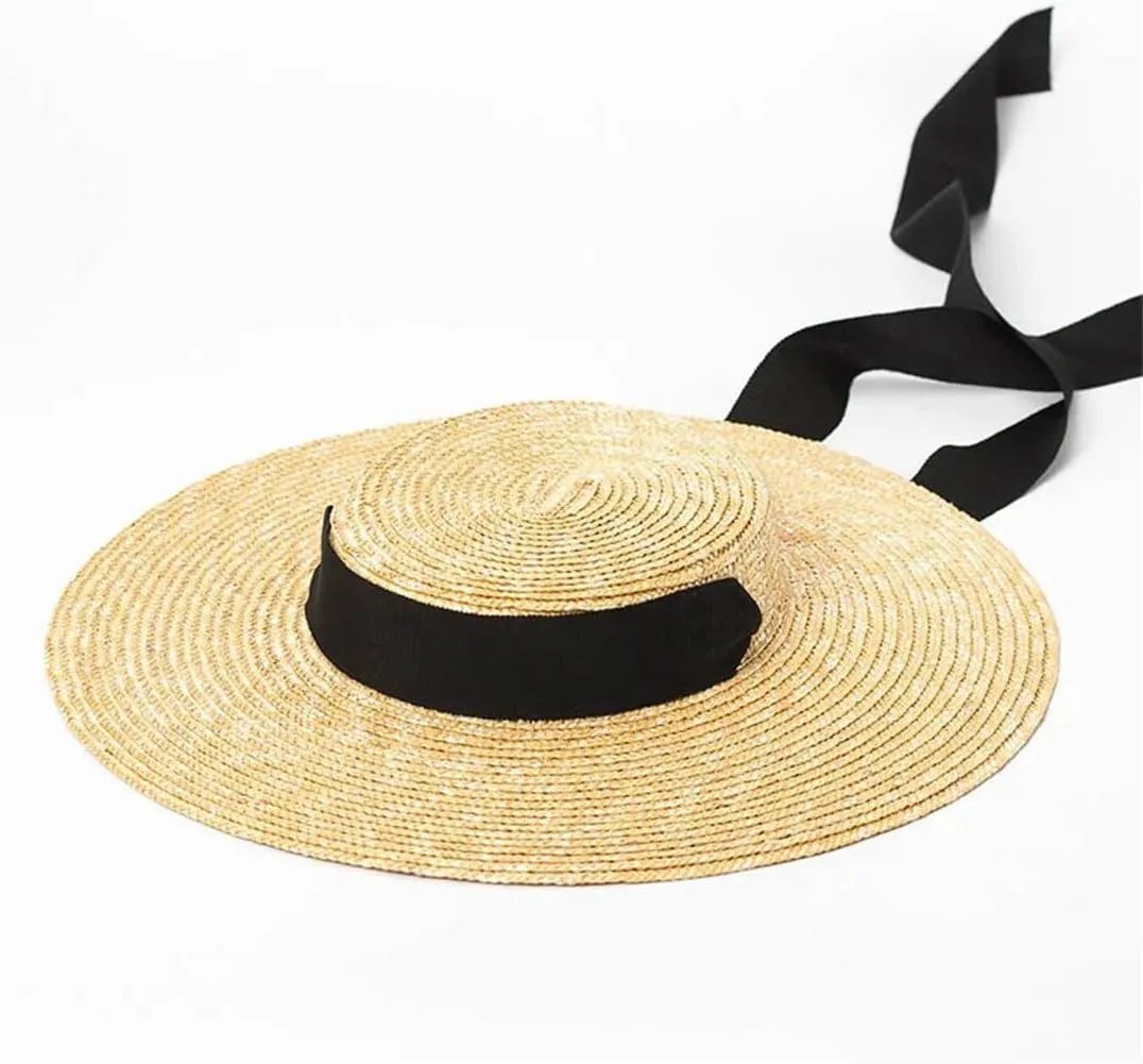 Wide Brim Flat Hat 10Cm 15Cm Brim Straw Hat Flat Top Women's Summer Hat Black Ribbon Sun Hat Beach Hat