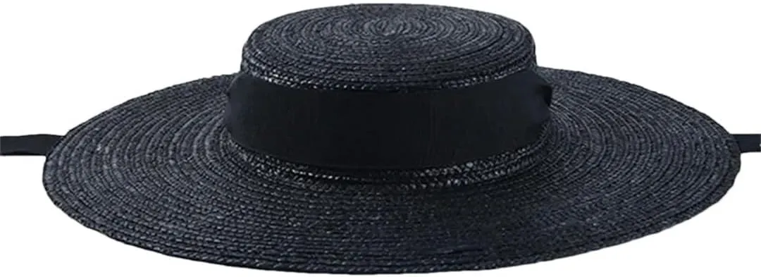 Wide Brim Flat Hat 10Cm 15Cm Brim Straw Hat Flat Top Women's Summer Hat Black Ribbon Sun Hat Beach Hat