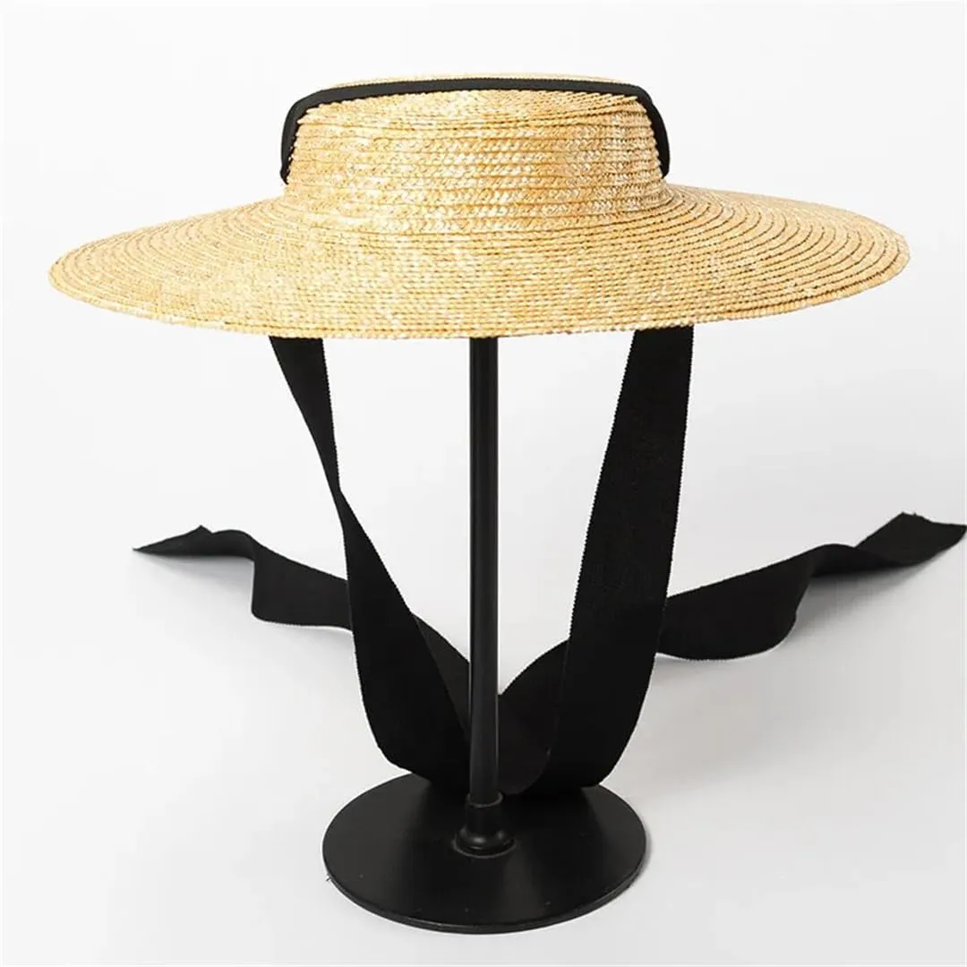 Wide Brim Flat Hat 10Cm 15Cm Brim Straw Hat Flat Top Women's Summer Hat Black Ribbon Sun Hat Beach Hat