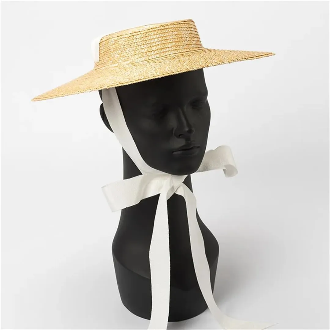 Wide Brim Flat Hat 10Cm 15Cm Brim Straw Hat Flat Top Women's Summer Hat Black Ribbon Sun Hat Beach Hat
