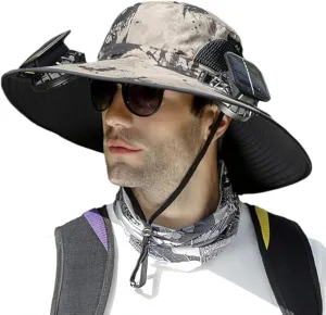 Wide Brim Solar Fan Outdoor Fishing Hat-Solar & USB Charging, Solar Fan Hat, Waterproof Hat with Solar Fan Built