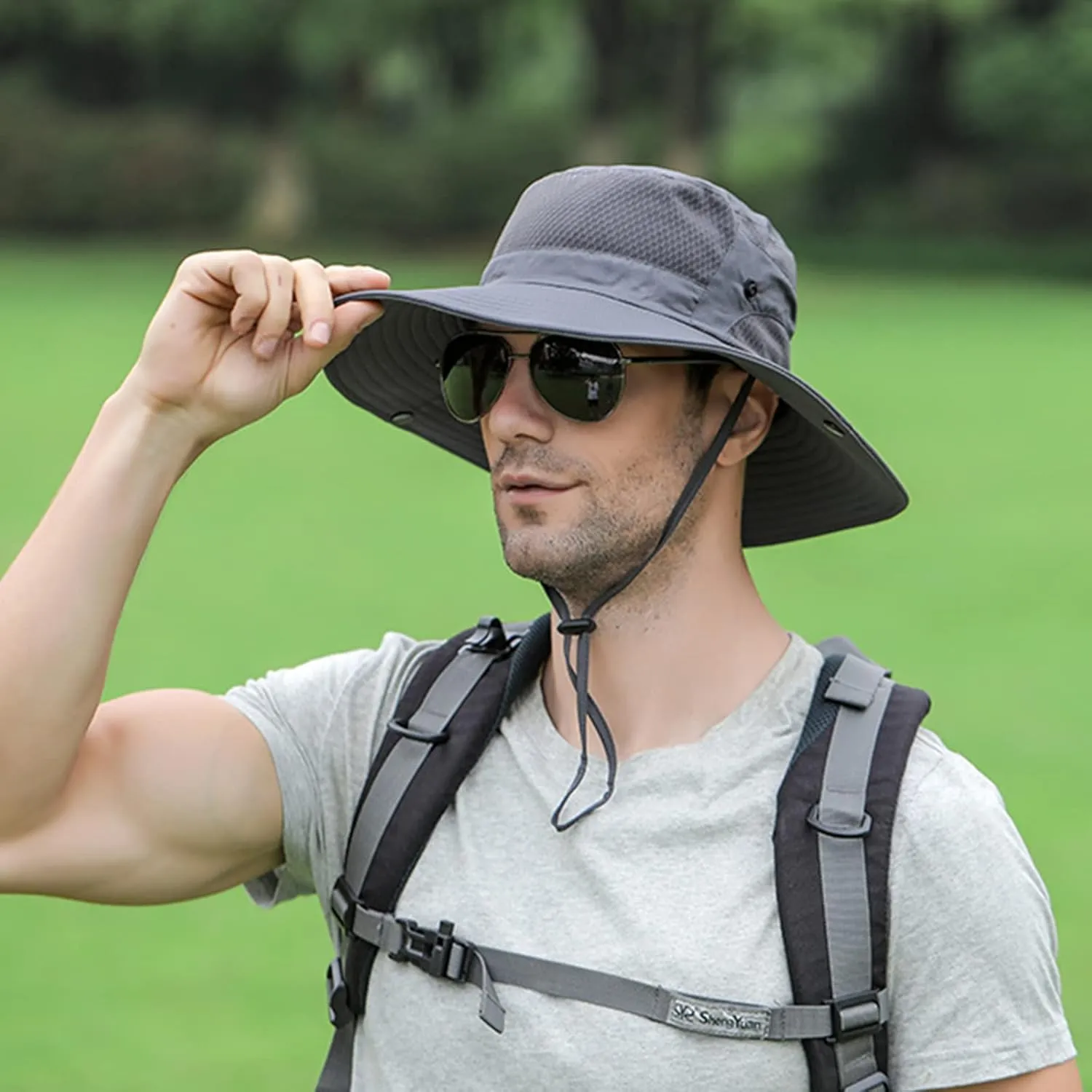 Wide Brim Sun Hat, UPF 50 , Breathable Mesh Bucket Hat, Boonie Hat with Adjustable Chin Strap, Foldable Fishing Hat