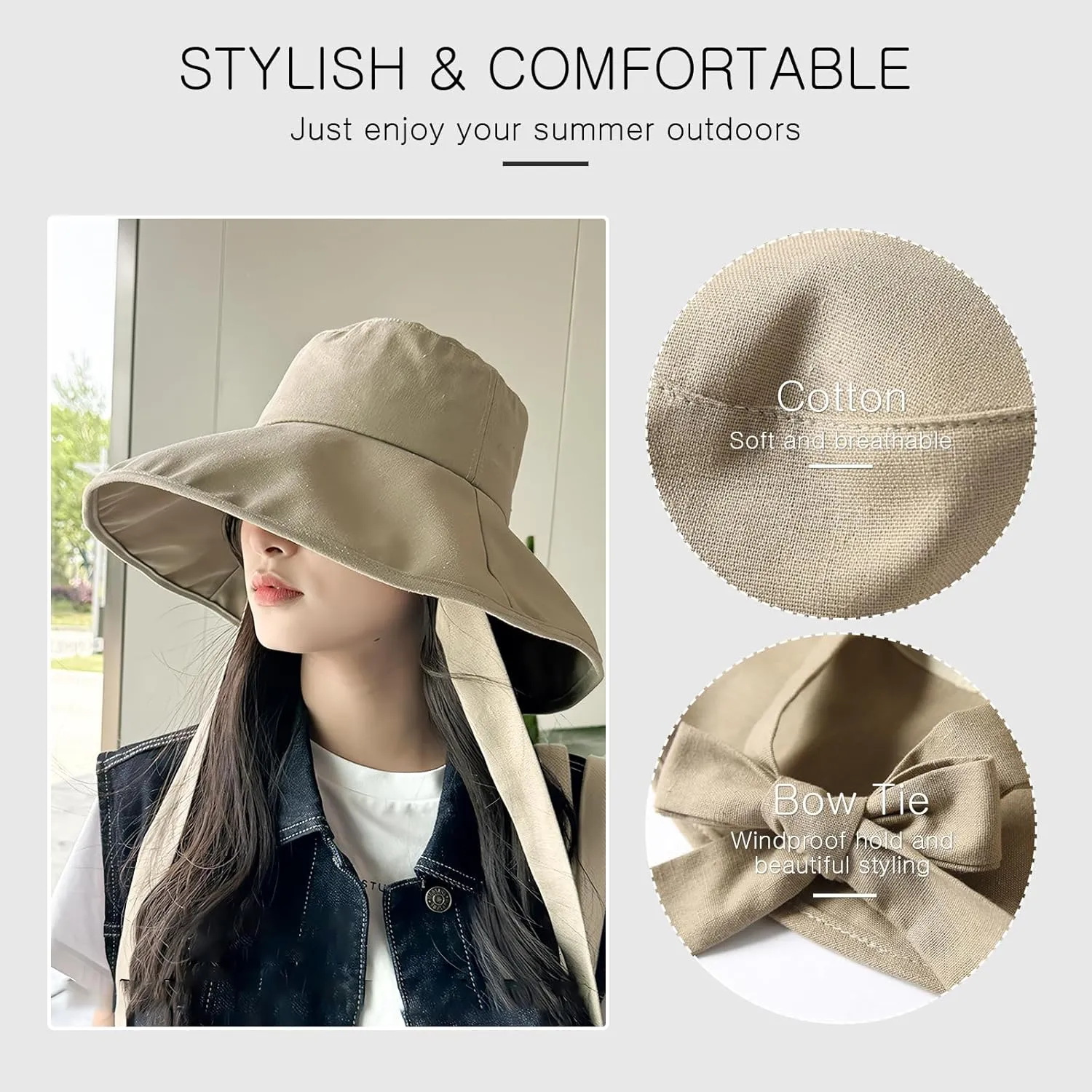 Wide Brim Sun Hat UPF 50  Cotton Bucket Hat with Chin Strap Adjustable Foldable Summer Beach Cap Fishing Hat