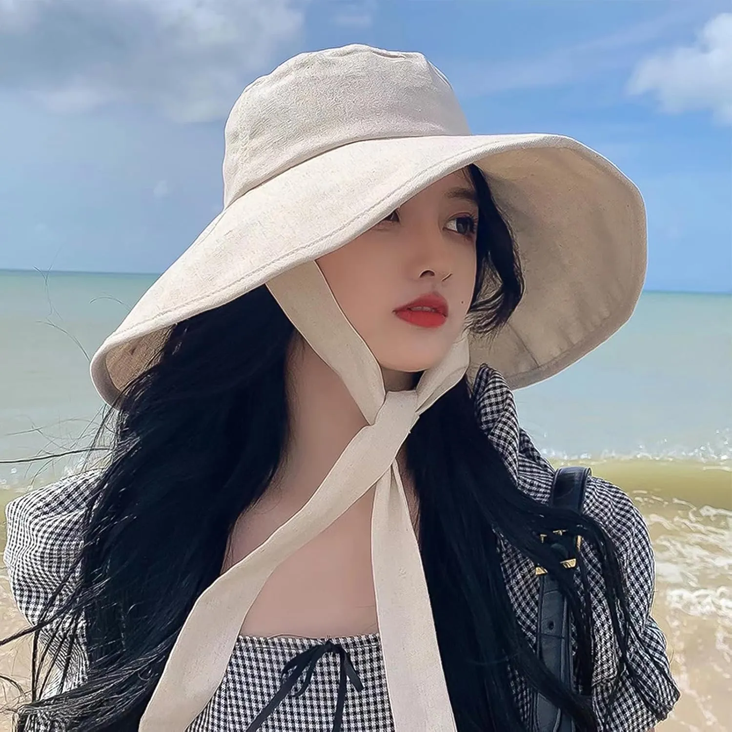 Wide Brim Sun Hat UPF 50  Cotton Bucket Hat with Chin Strap Adjustable Foldable Summer Beach Cap Fishing Hat