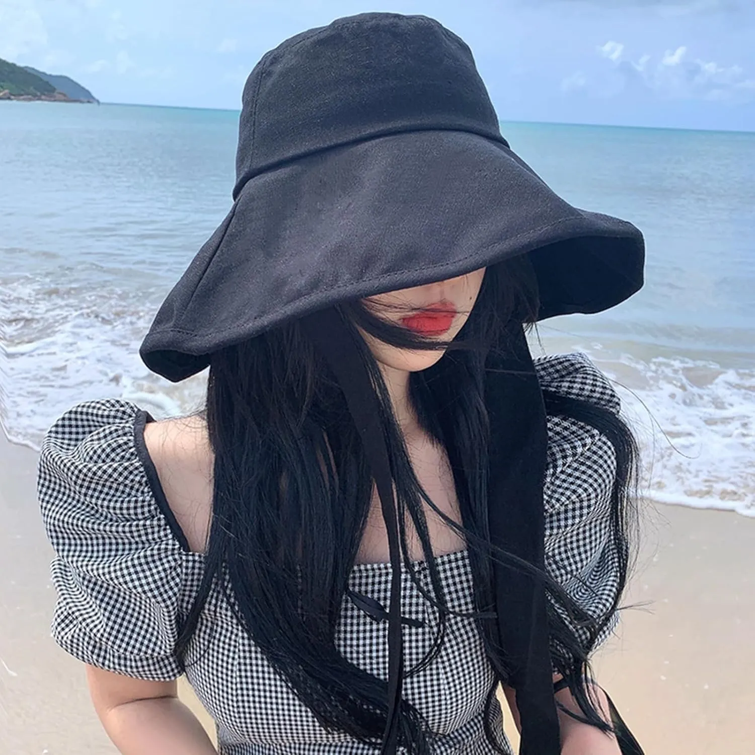 Wide Brim Sun Hat UPF 50  Cotton Bucket Hat with Chin Strap Adjustable Foldable Summer Beach Cap Fishing Hat