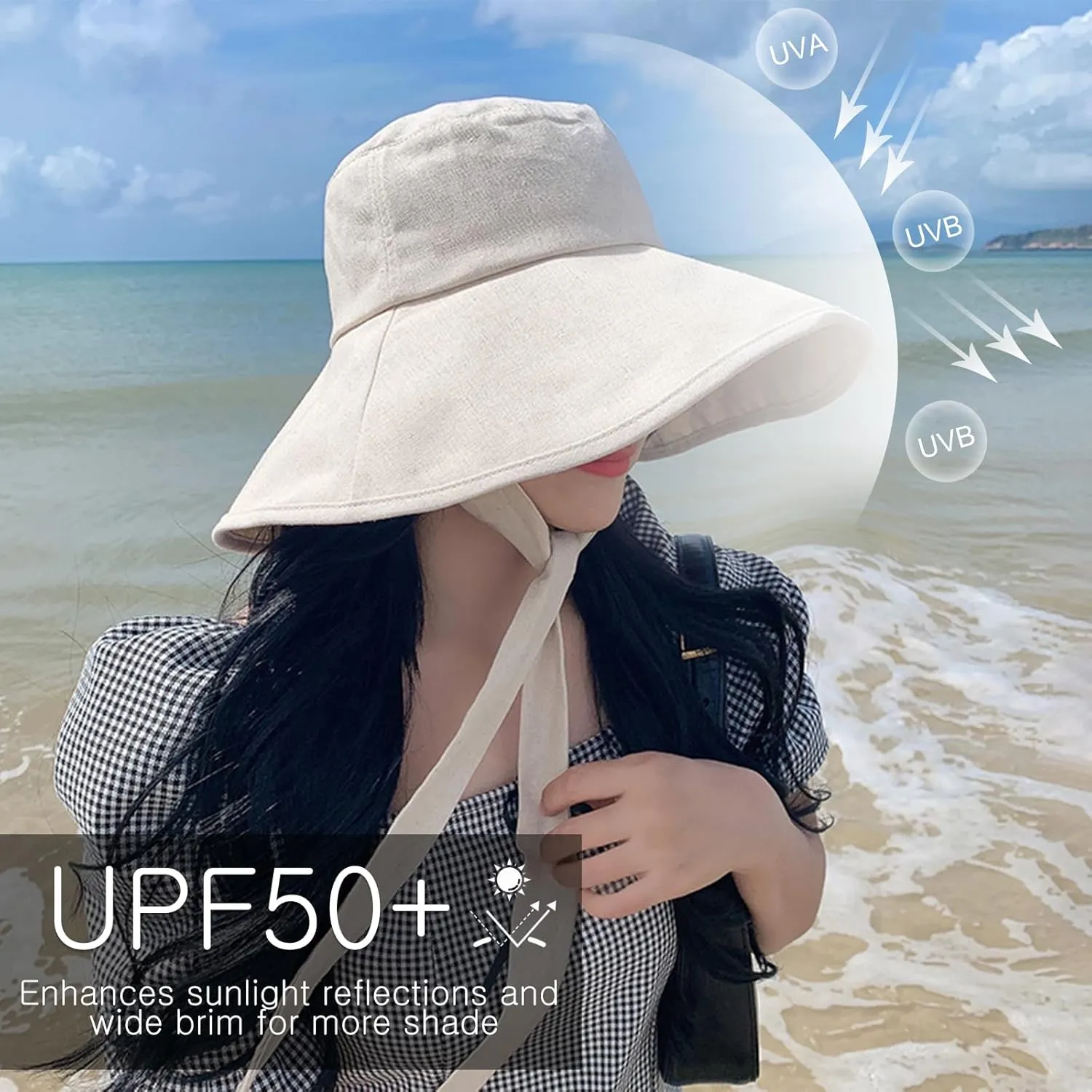 Wide Brim Sun Hat UPF 50  Cotton Bucket Hat with Chin Strap Adjustable Foldable Summer Beach Cap Fishing Hat