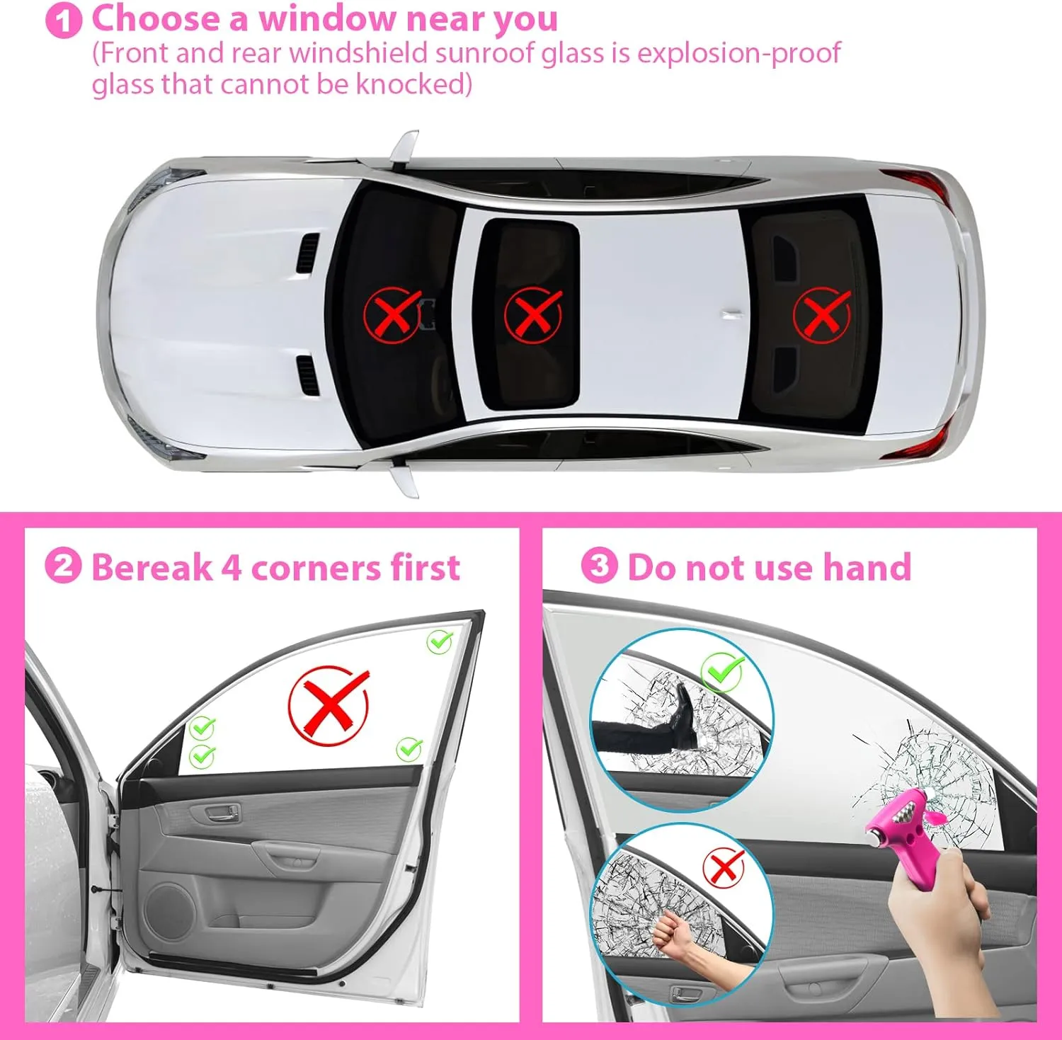 Window Breaker, 3-in-1 Emergency Escape Tool with Car Window Breaker and Seatbelt Cutter, Car Safety Hammer Car Essentials Tool for Women