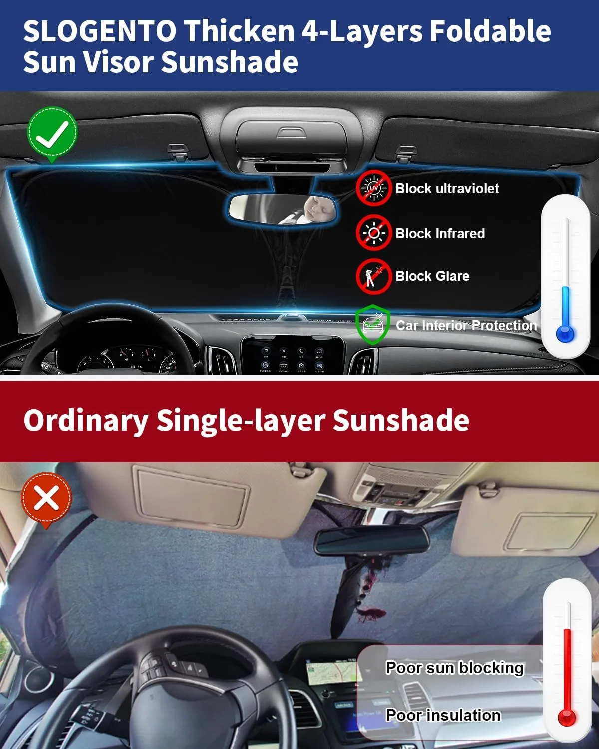 Windshield Sunshade for Chrysler 300 300C Front Window Sun Shade Custom Fit Chrysler 300 300C 2011-2024 2025 Accessories Windshield Cover 4 Layers UV Rays Heat Protection Foldable Sun Visor Protector