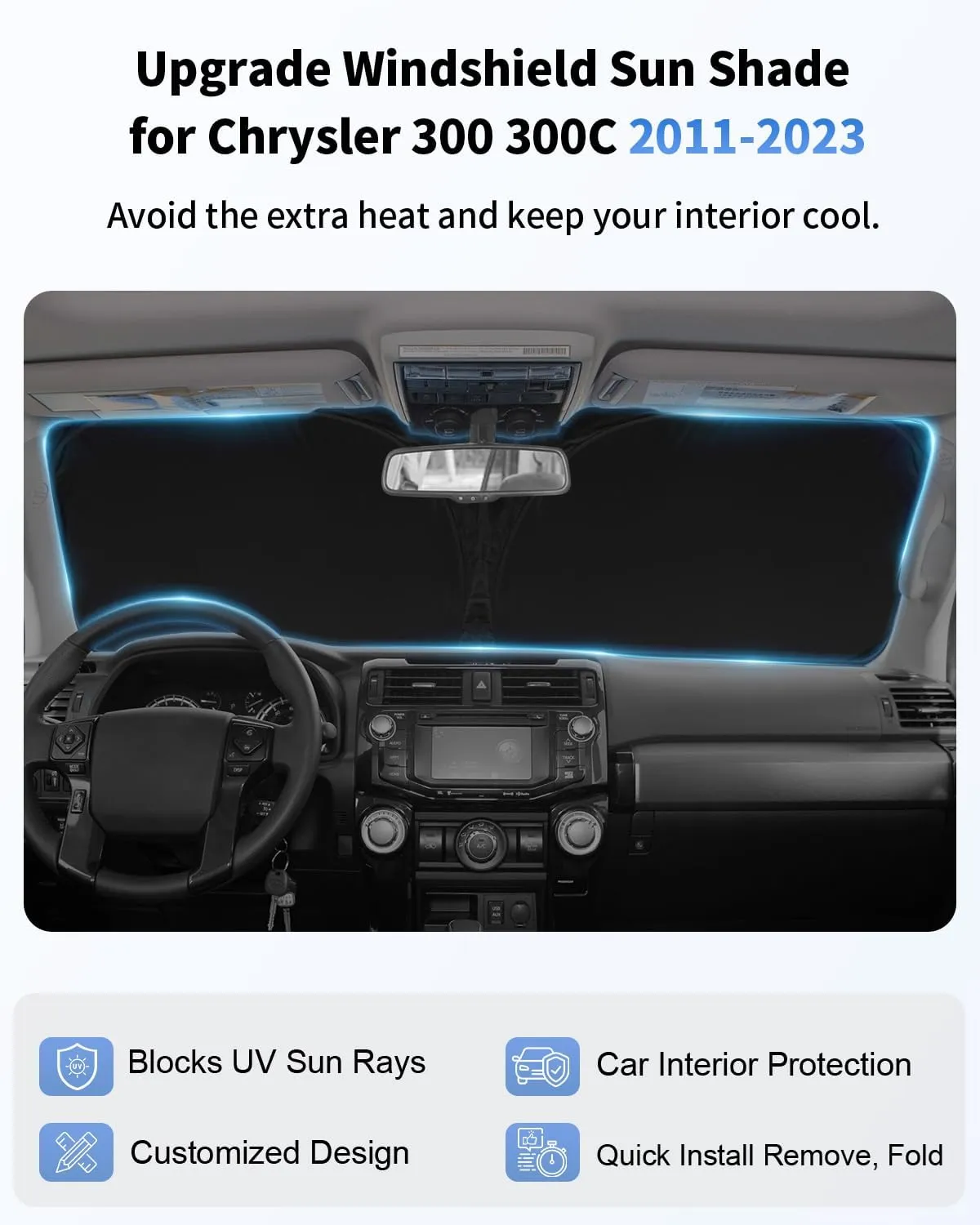 Windshield Sunshade for Chrysler 300 300C Front Window Sun Shade Custom Fit Chrysler 300 300C 2011-2024 2025 Accessories Windshield Cover 4 Layers UV Rays Heat Protection Foldable Sun Visor Protector