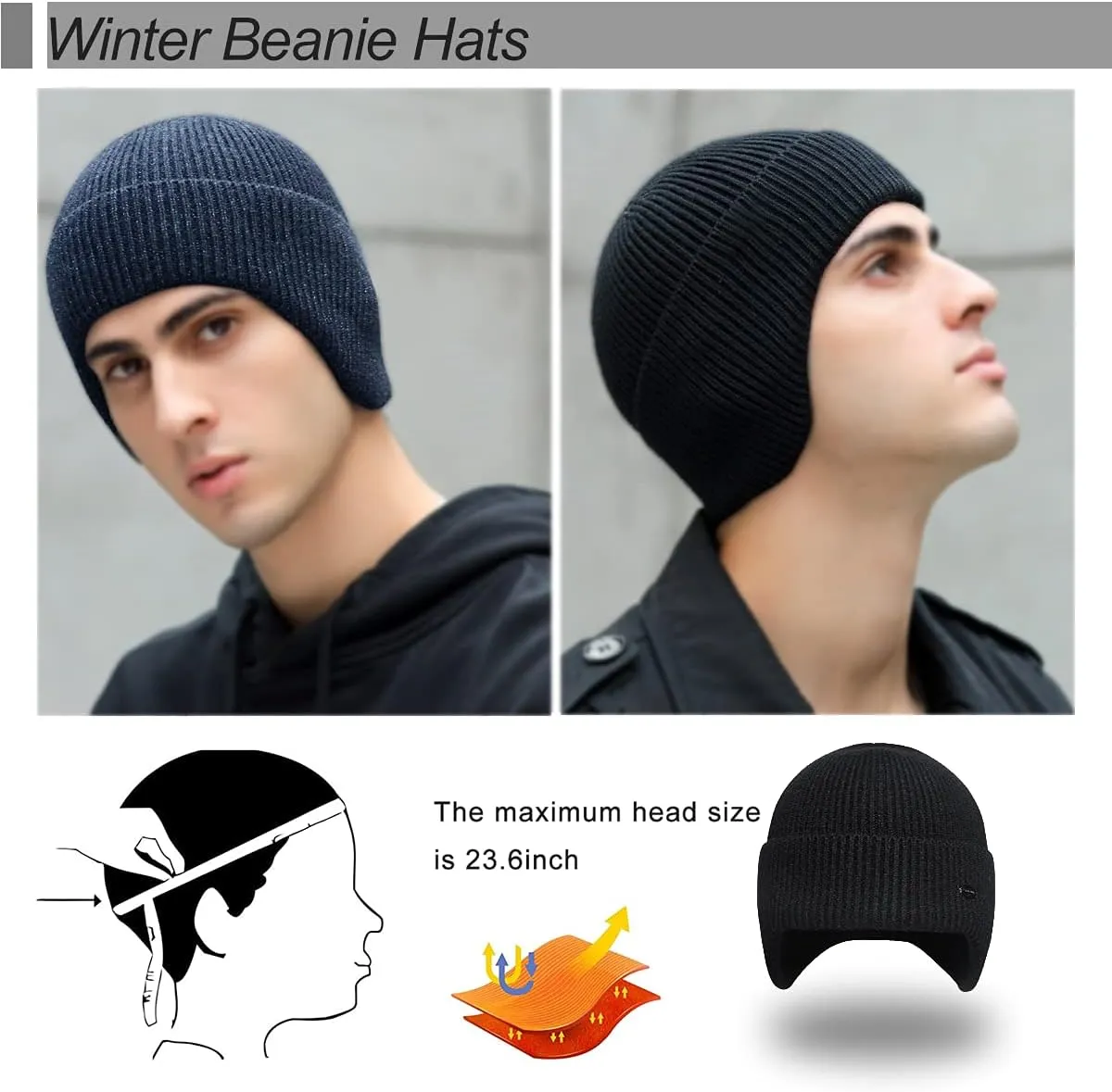 Winter Beanie Hats for Men Outdoor Stretchy Knit Ski Caps with Earflap Windproof