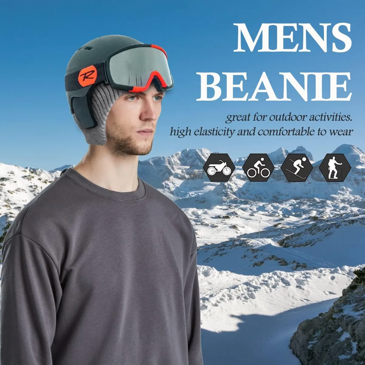Winter Beanie Hats for Men Outdoor Stretchy Knit Ski Caps with Earflap Windproof