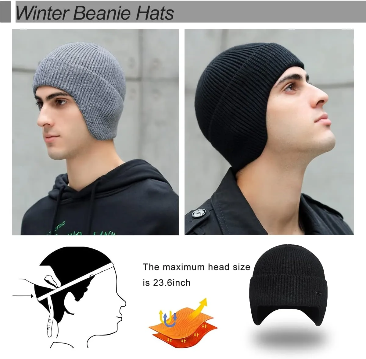 Winter Beanie Hats for Men Outdoor Stretchy Knit Ski Caps with Earflap Windproof
