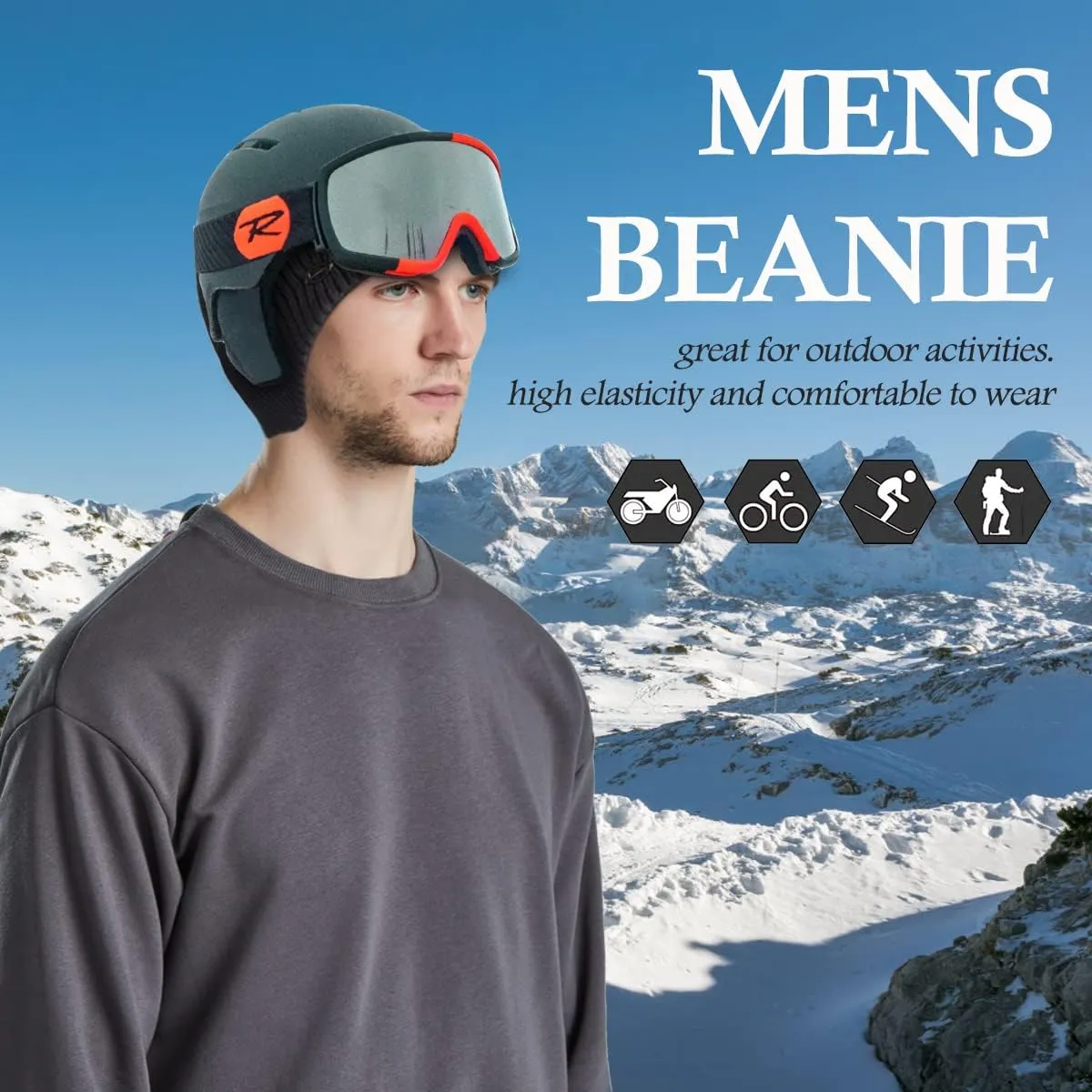 Winter Beanie Hats for Men Outdoor Stretchy Knit Ski Caps with Earflap Windproof