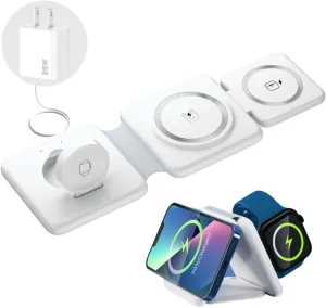 Wireless Charging Station 3 in 1 Foldable Magnetic 15W Travel Multiple Devices Fast Charger for iPhone 16/15/14/13/12 Series, AirPods 3/2/Pro/Pro2, iWatch (White)