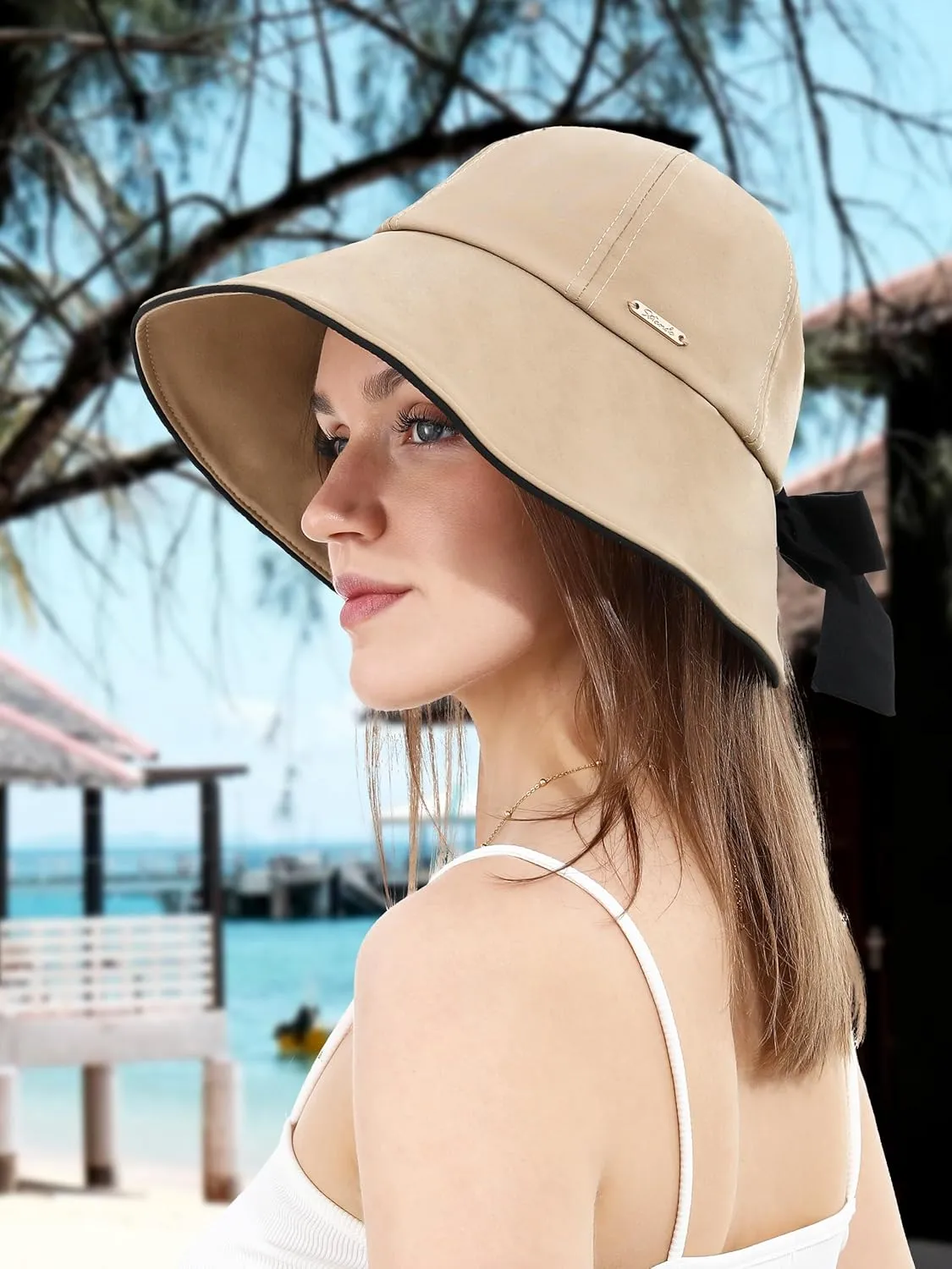 Women Sun Bucket Hat Ponytail Hole with Bow Tie Waterproof Ultra Wide Brim Beach Hat UV Protection UPF 50 