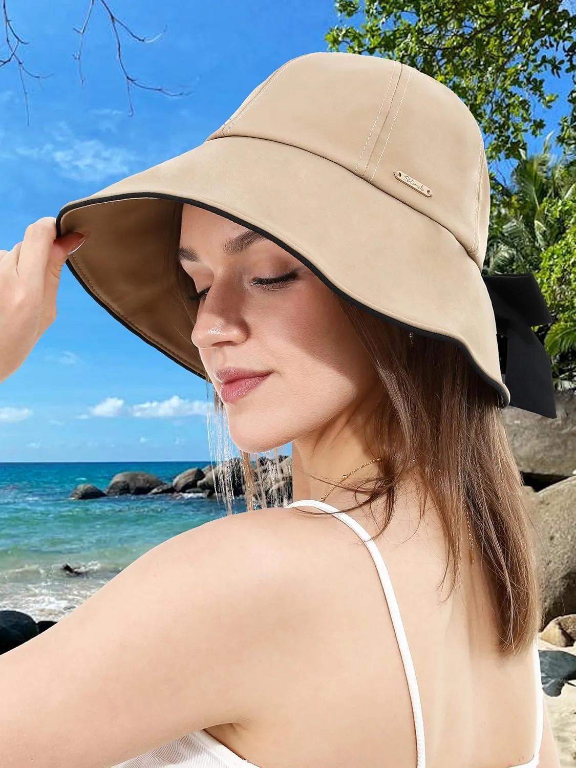 Women Sun Bucket Hat Ponytail Hole with Bow Tie Waterproof Ultra Wide Brim Beach Hat UV Protection UPF 50 