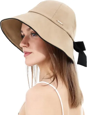 Women Sun Bucket Hat Ponytail Hole with Bow Tie Waterproof Ultra Wide Brim Beach Hat UV Protection UPF 50 