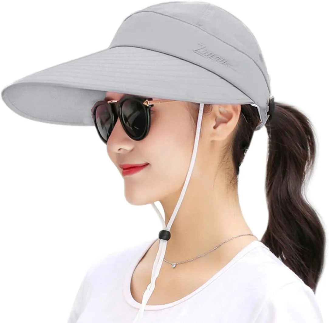 Women Sun Wide Brim UV Protection Fishing Hats Foldable Ponytail Summer Hat with Detachable Flap