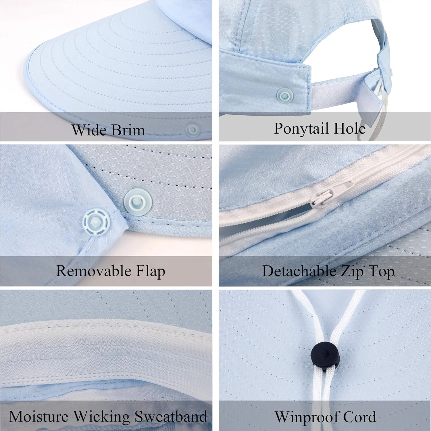 Women Sun Wide Brim UV Protection Fishing Hats Foldable Ponytail Summer Hat with Detachable Flap