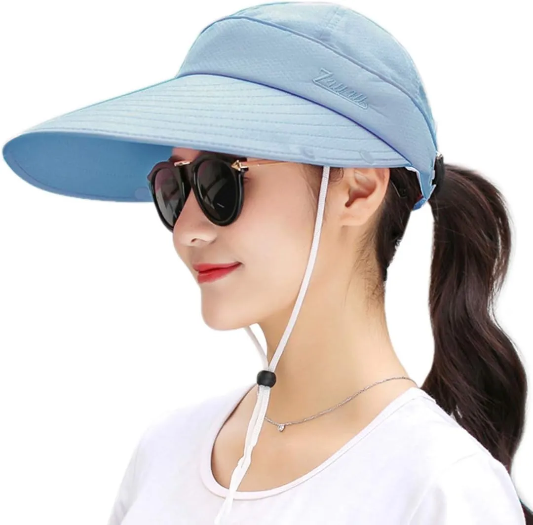 Women Sun Wide Brim UV Protection Fishing Hats Foldable Ponytail Summer Hat with Detachable Flap
