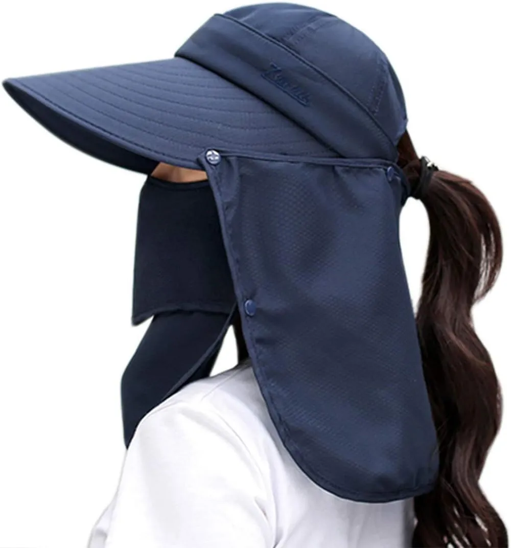 Women Sun Wide Brim UV Protection Fishing Hats Foldable Ponytail Summer Hat with Detachable Flap