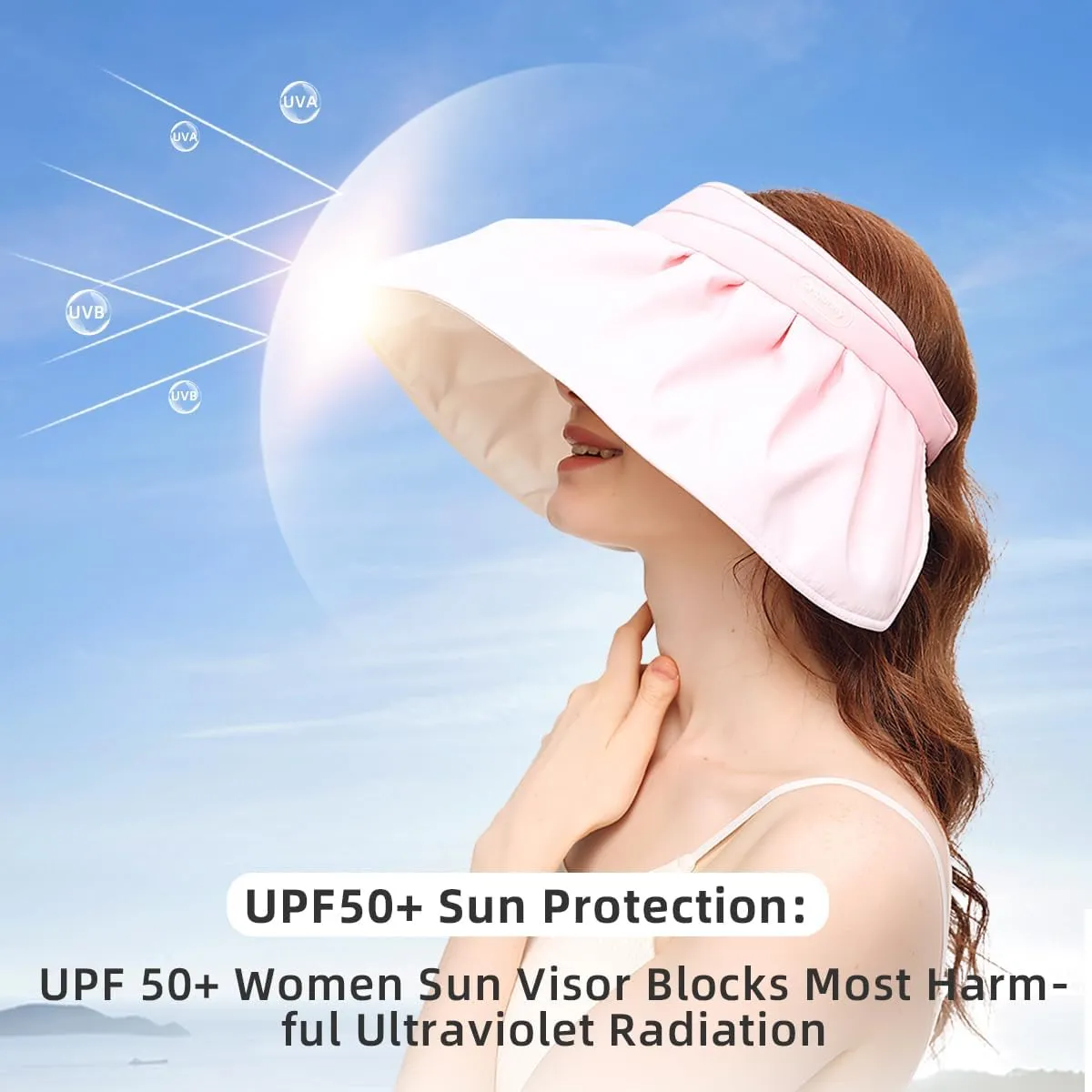 Women Wide Brim Sun Visor Foldable UPF 50  UV Protection Sun Hat Beach Cap Roll Up Packable Ponytail Shell Hats SLH5M211T