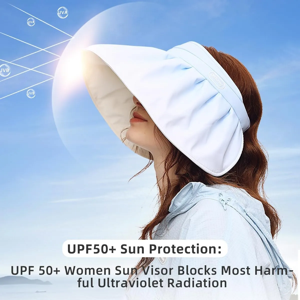 Women Wide Brim Sun Visor Foldable UPF 50  UV Protection Sun Hat Beach Cap Roll Up Packable Ponytail Shell Hats SLH5M211T