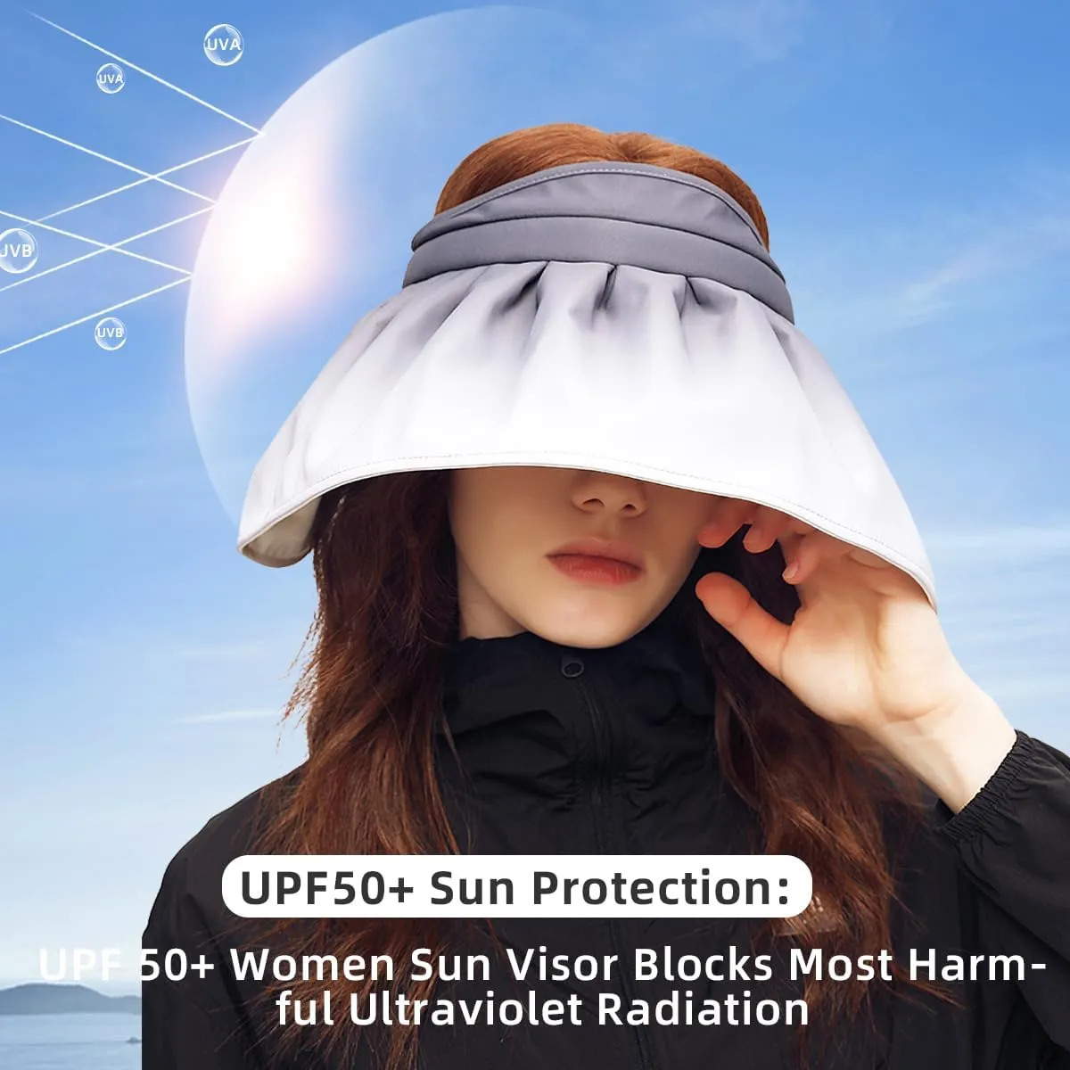 Women Wide Brim Sun Visor Foldable UPF 50  UV Protection Sun Hat Beach Cap Roll Up Packable Ponytail Shell Hats SLH5M211T