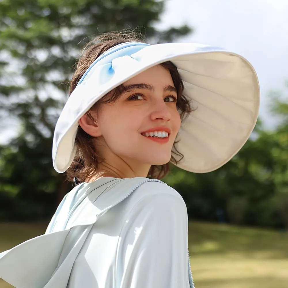 Women Wide Brim Sun Visor Foldable UPF 50  UV Protection Sun Hat Beach Cap Roll Up Packable Ponytail Shell Hats SLH5M211T