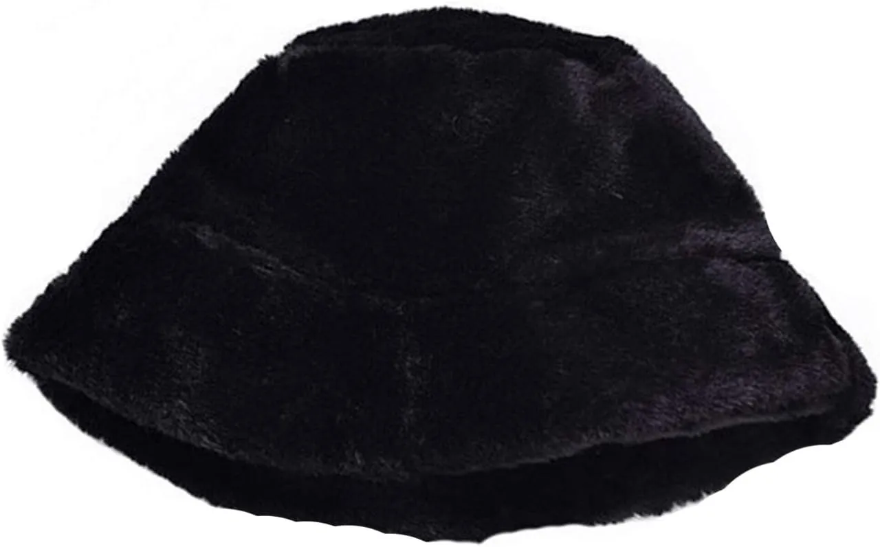 Women Winter Plush Bucket Hat Warm Solid Color Faux Fur Fisherman Cap